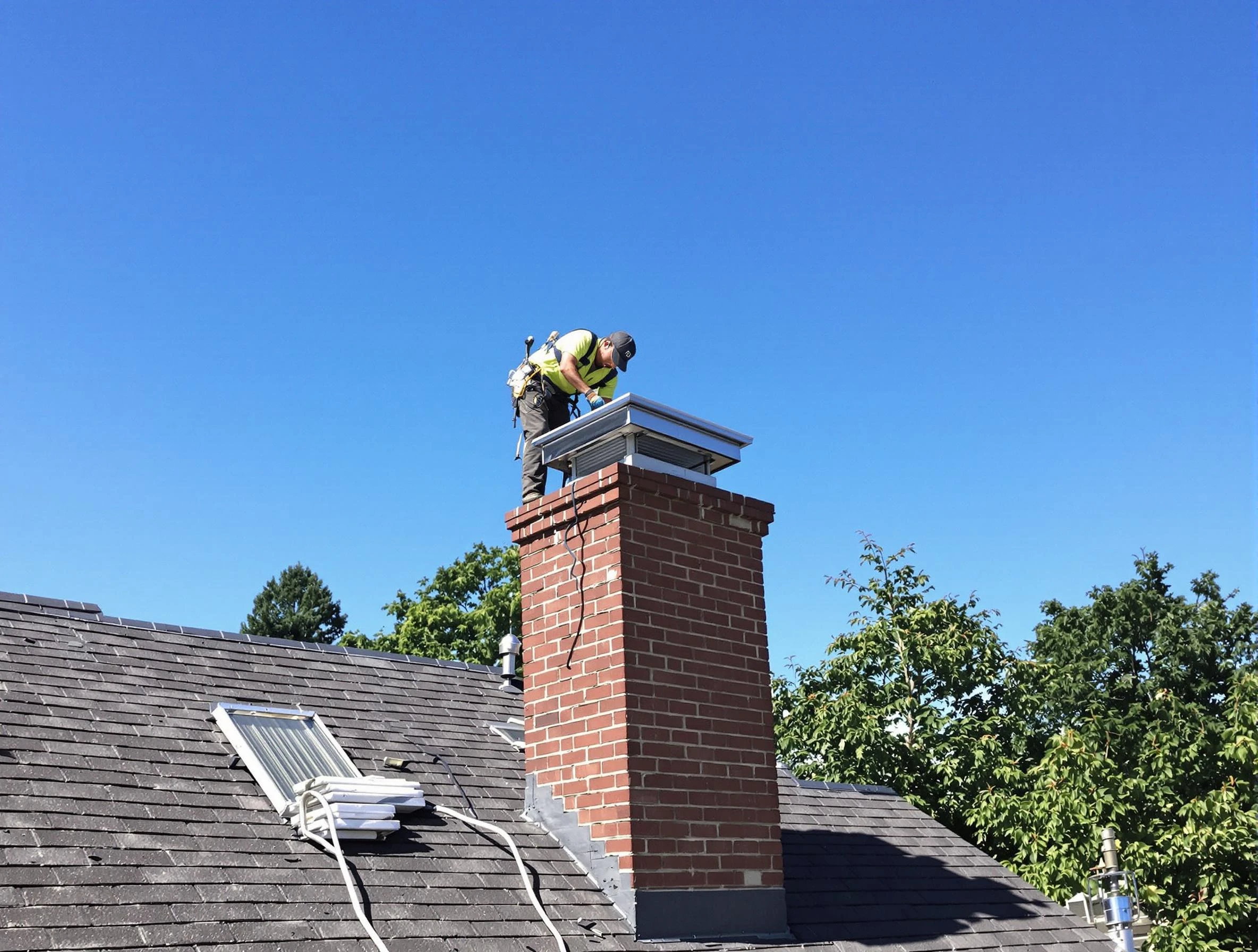 Easton Chimney Sweep technician measuring a chimney cap in Easton, MA